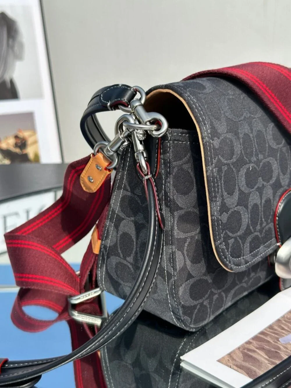 🖤Coach Dark Denim Tabby Handbag Red Strap Multi Wear Crossbody Shoulder Bag